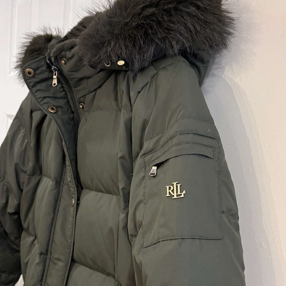Ralph Lauren Olive Green Puffer Coat with Faux Fur Hood - Picture 11 of 12